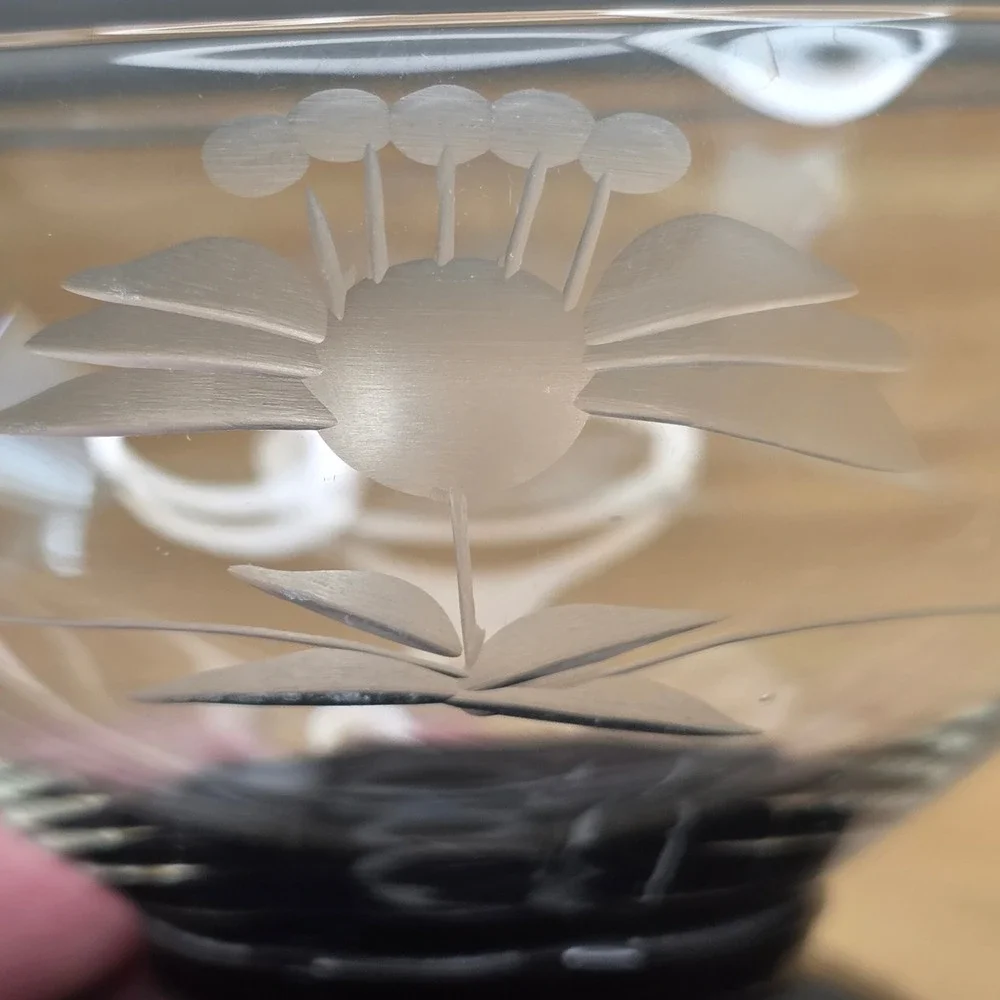 Rare 6 Weston Black Lily Pad Foot Base Champagne Sherbet Glasses Etched Floral